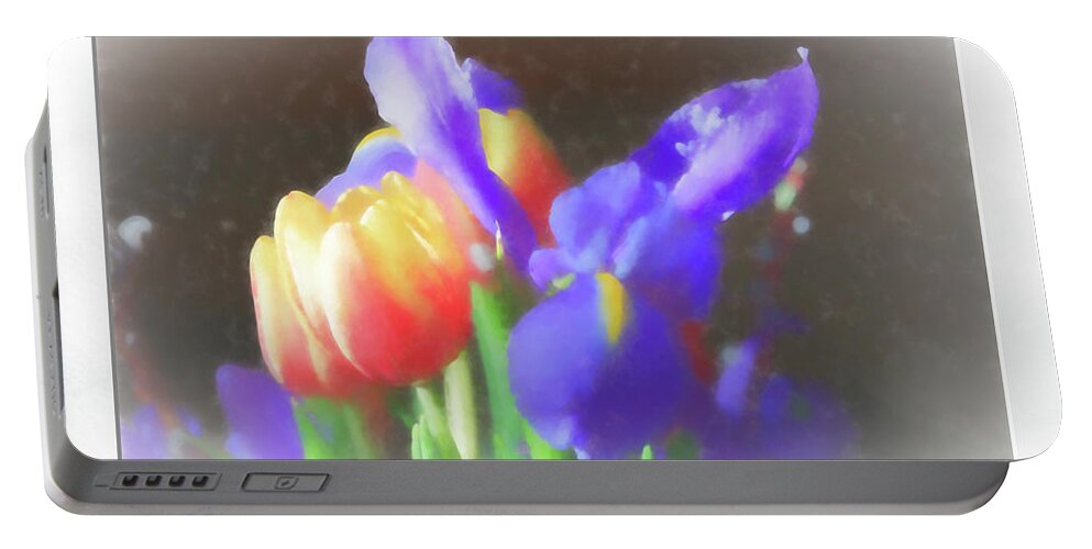 Flower Impressions Portable Battery Charger featuring the photograph Tulips and Iris by Natalie Rotman Cote