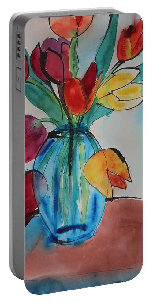 Tulips Portable Battery Charger featuring the painting Tulips in a Blue Glass Vase by Ruth Kamenev