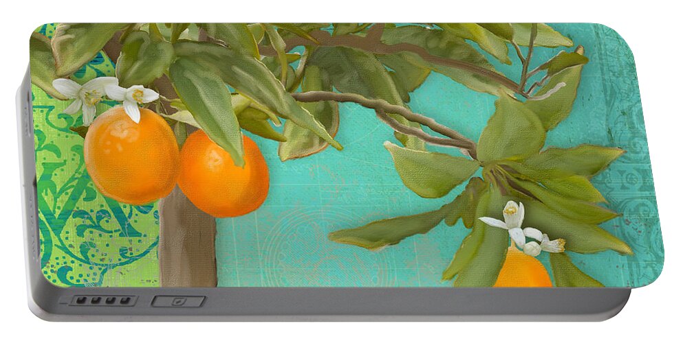 Tuscan Portable Battery Charger featuring the painting Tuscan Orange Topiary - Damask Pattern 3 by Audrey Jeanne Roberts