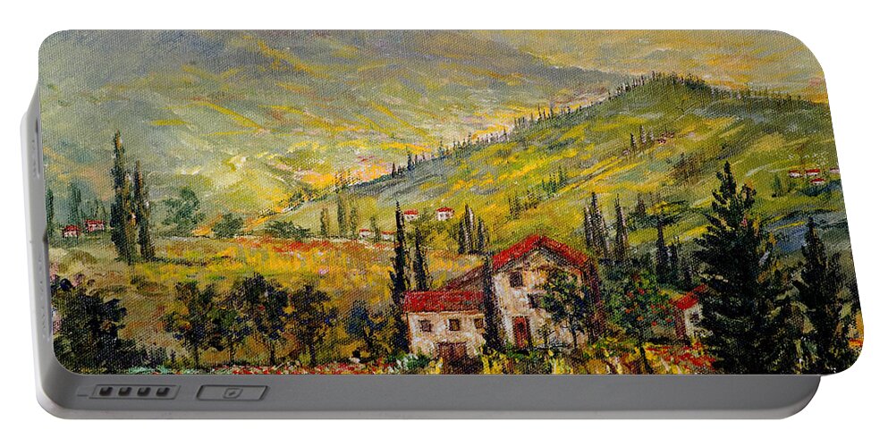Tuscan Valley Portable Battery Charger featuring the painting Tuscan Twilght by Lou Ann Bagnall