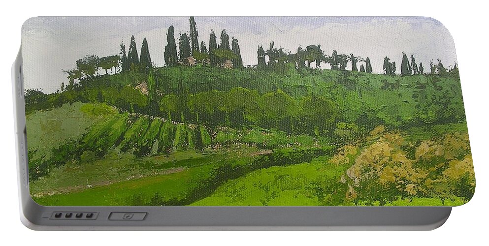 Tuscan Hillside Portable Battery Charger featuring the painting Tuscan Villa Hillside by Chris Hobel