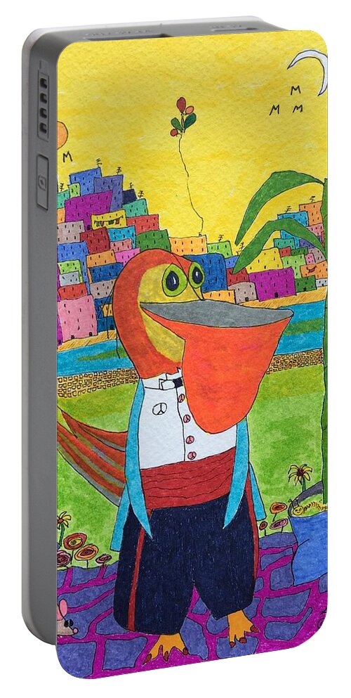 The Original Artwork For Tuxedo Pelican Is Done In Permanent Ink Markers On 140# Watercolor Paper. A Piece To Study And Talk About While You Enjoy The Brilliant Colors In A Fineartamerica Print Done With Archival Inks. Portable Battery Charger featuring the painting Tuxedo Pelican by Lew Hagood