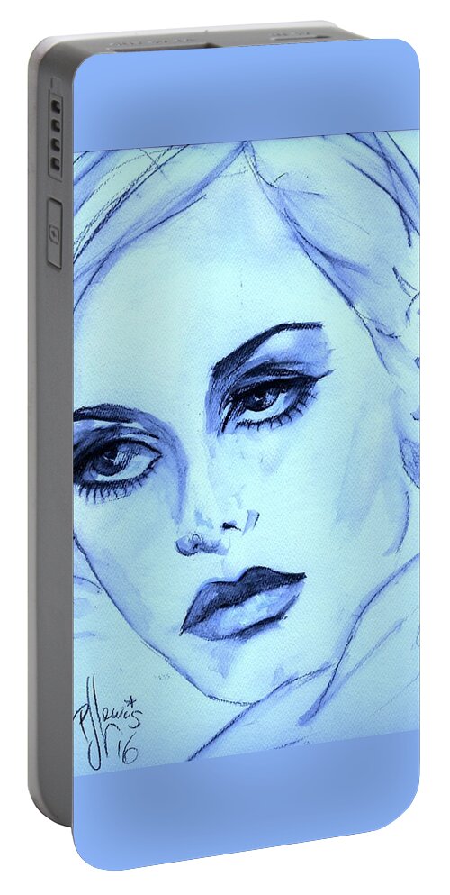 Twiggy Portable Battery Charger featuring the painting Twiggy in blue by PJ Lewis