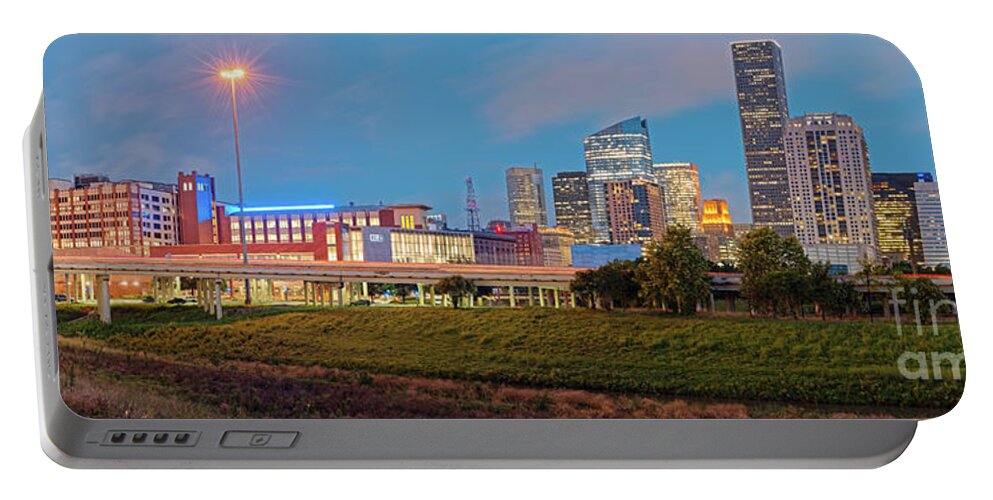Downtown Portable Battery Charger featuring the photograph Twilight Panorama of Downtown Houston Skyline and University of Houston - Harris County Texas by Silvio Ligutti