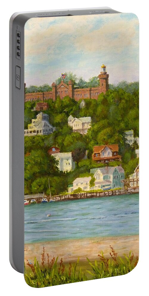 Twin Lights Portable Battery Charger featuring the painting Twin Lights by Joe Bergholm