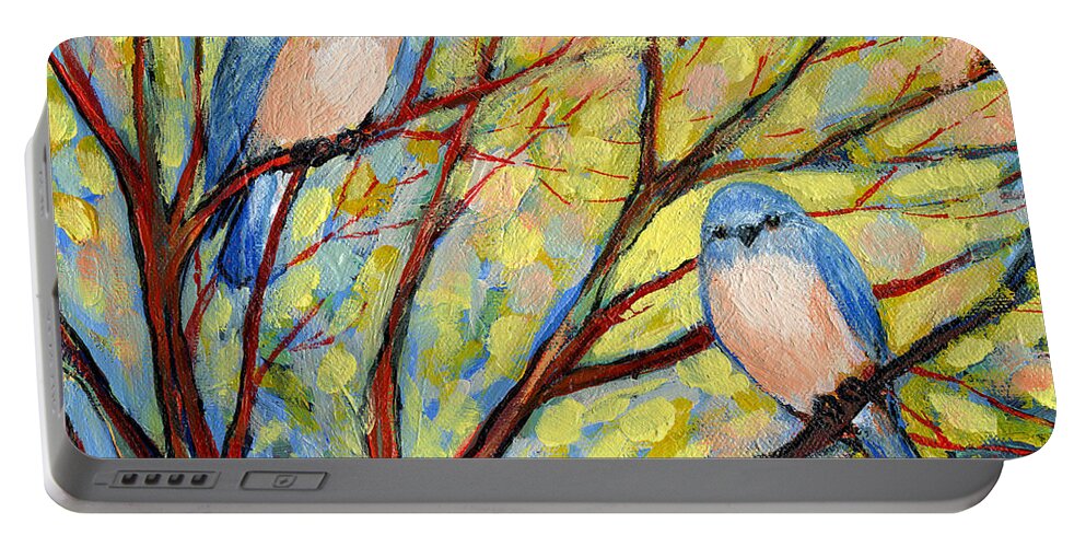 Bird Nature Bluebird Spring Branch Tree Shrub Red Yellow Blue Peach Pink Jenlo Portable Battery Charger featuring the painting Two Bluebirds by Jennifer Lommers