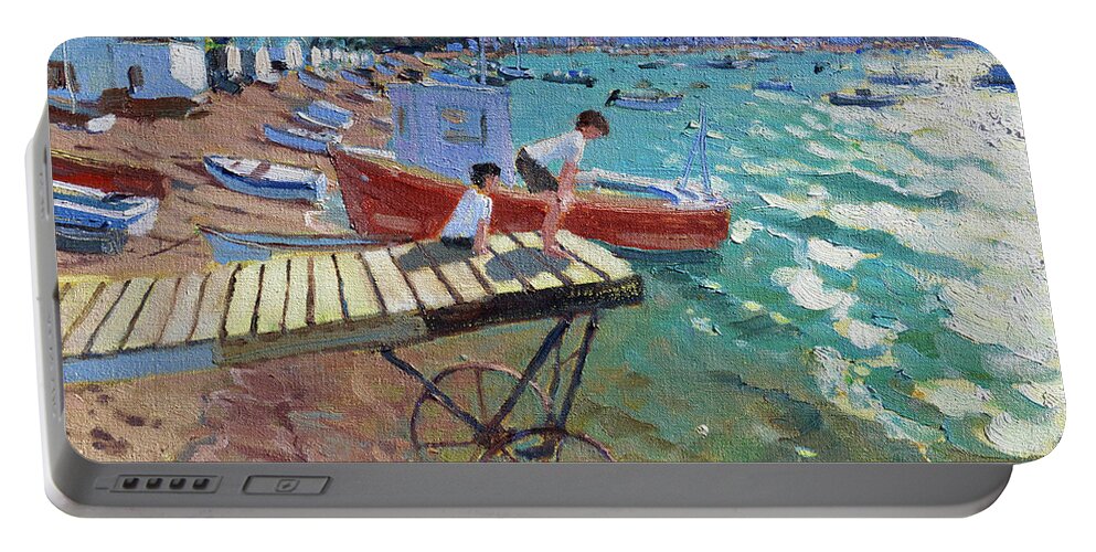 Teignmouth Portable Battery Charger featuring the painting Two boys on the landing stage, Teignmouth by Andrew Macara