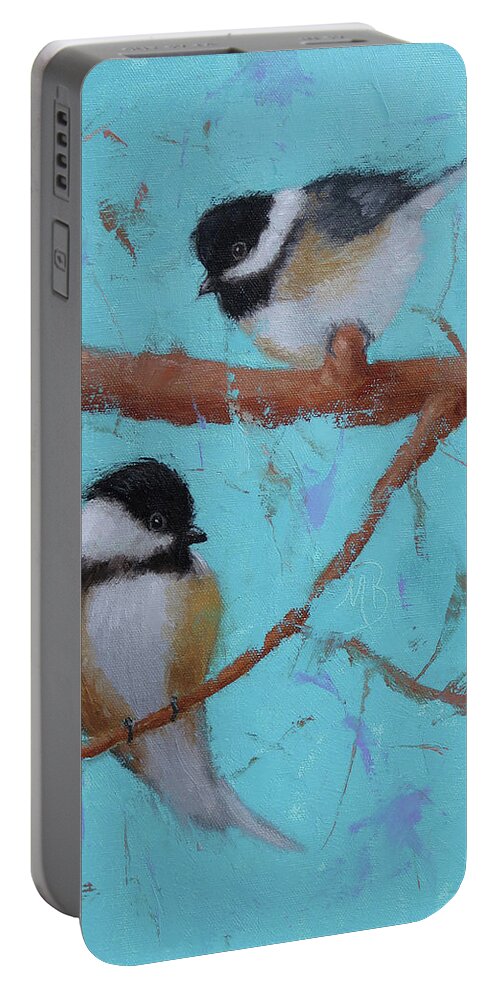 Bird Portable Battery Charger featuring the painting Two Chicakdees by Monica Burnette