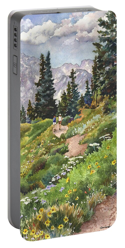 Colorado Hiking Trail Painting Portable Battery Charger featuring the painting Two Hikers by Anne Gifford