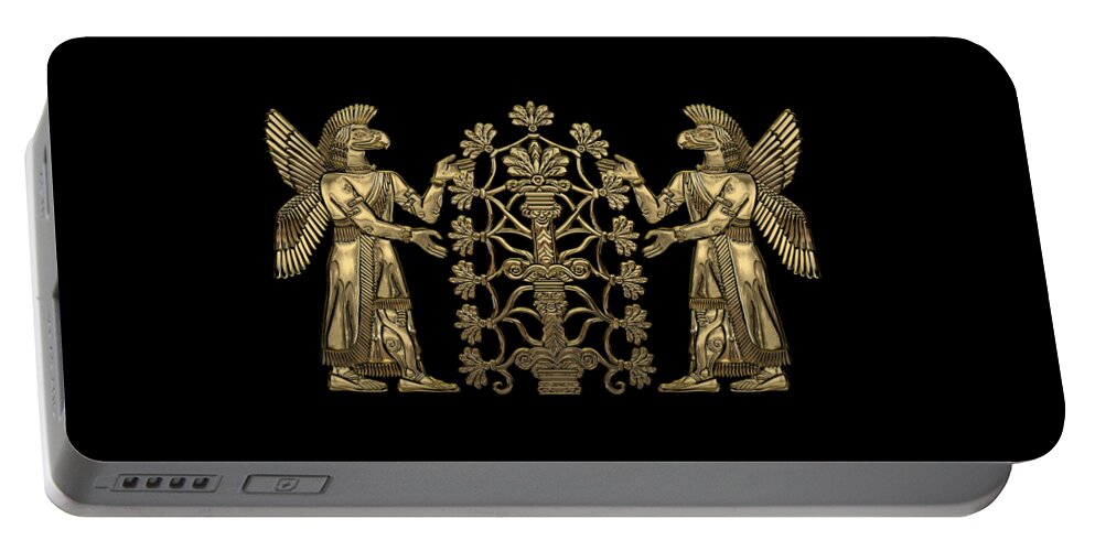 ‘treasures Of Mesopotamia’ Collection By Serge Averbukh Portable Battery Charger featuring the digital art Two Instances of Gold God Ninurta with Tree of Life over Black Canvas by Serge Averbukh