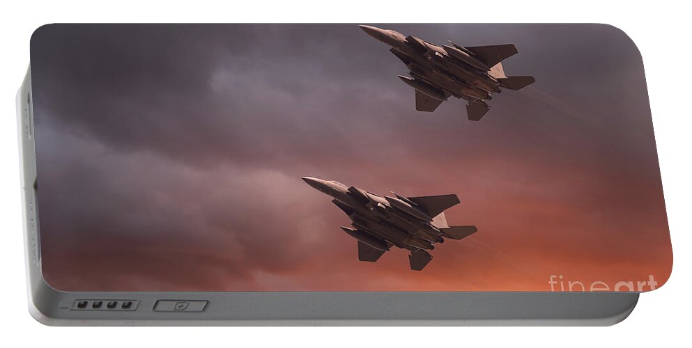 Usaf Portable Battery Charger featuring the photograph Two low flying F-15E Strike Eagles at sunset by Simon Bratt