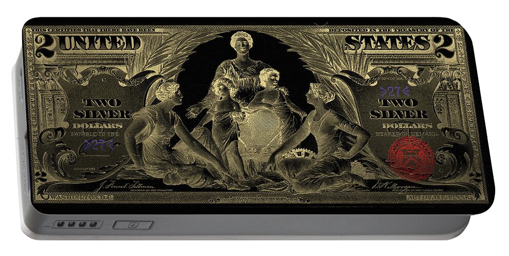 'paper Currency' By Serge Averbukh Portable Battery Charger featuring the photograph Two U.S. Dollar Bill - 1896 Educational Series in Gold on Black by Serge Averbukh