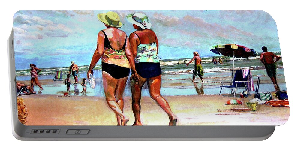 Women Portable Battery Charger featuring the painting Two Women Walking On The Beach by Stan Esson