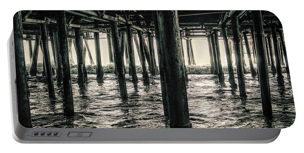 Under The Pier; Pylons; Waves; Ocean; Pacific Ocean; White; Silver; Water; Joe Lach; Beach; Sand; Light; Green Portable Battery Charger featuring the photograph Under the Pier 3 by Joe Lach
