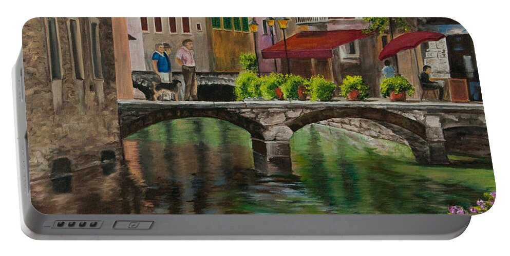 Annecy France Art Portable Battery Charger featuring the painting Under the Umbrella in Annecy by Charlotte Blanchard