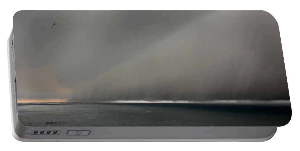 Photography By Paul Davenport Portable Battery Charger featuring the photograph Under the weather with fleeing gull by Paul Davenport