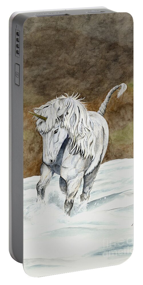 Unicorn Portable Battery Charger featuring the painting Unicorn Icelandic by Shari Nees