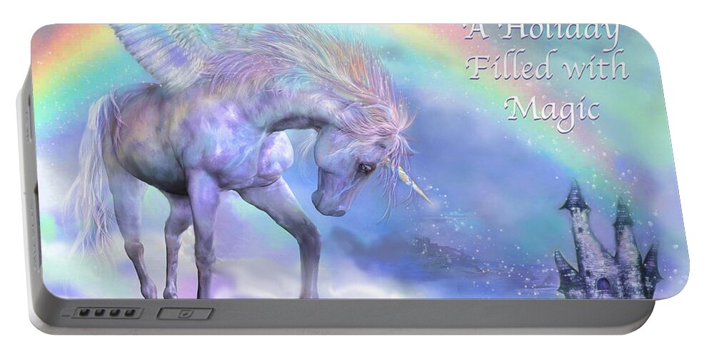 Unicorn Portable Battery Charger featuring the mixed media Unicorn Of The Rainbow Card by Carol Cavalaris