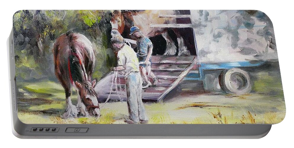 Clydesdales Portable Battery Charger featuring the painting Unloading the Clydesdales by Ryn Shell
