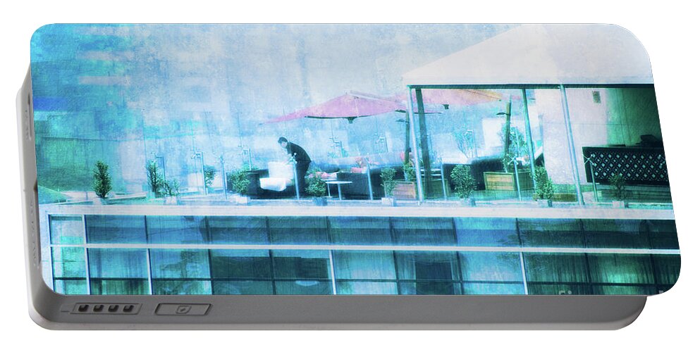 Miraflores Portable Battery Charger featuring the digital art Up on the Roof - II by Mary Machare