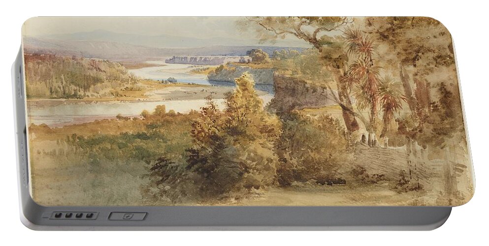 Upper Rangitikei Portable Battery Charger featuring the painting Upper Rangitikei, 1868, by Nicholas Chevalier. by Celestial Images
