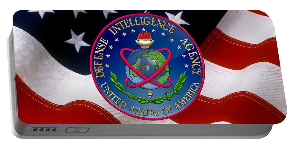 'military Insignia & Heraldry 3d' Collection By Serge Averbukh Portable Battery Charger featuring the digital art U. S. Defense Intelligence Agency - D I A Emblem over Flag by Serge Averbukh