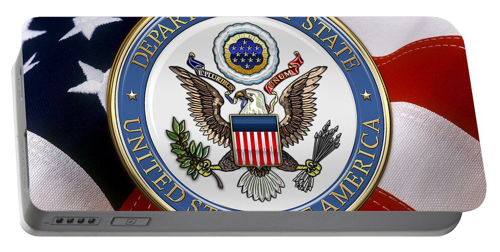 'military Insignia & Heraldry 3d' Collection By Serge Averbukh Portable Battery Charger featuring the digital art U. S. Department of State - DoS Emblem over U.S. Flag by Serge Averbukh