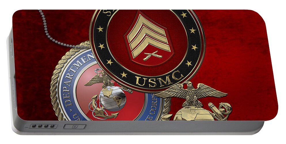 Military Insignia 3d By Serge Averbukh Portable Battery Charger featuring the digital art U. S. Marines Sergeant - U S M C Sgt Rank Insignia over Red Velvet by Serge Averbukh