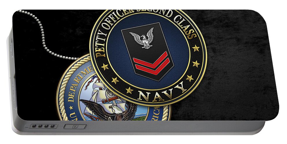 Military Insignia 3d By Serge Averbukh Portable Battery Charger featuring the digital art U.S. Navy Petty Officer Second Class - PO2 Rank Insignia over Black Velvet by Serge Averbukh