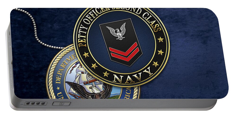 Military Insignia 3d By Serge Averbukh Portable Battery Charger featuring the digital art U.S. Navy Petty Officer Second Class - PO2 Rank Insignia over Blue Velvet by Serge Averbukh