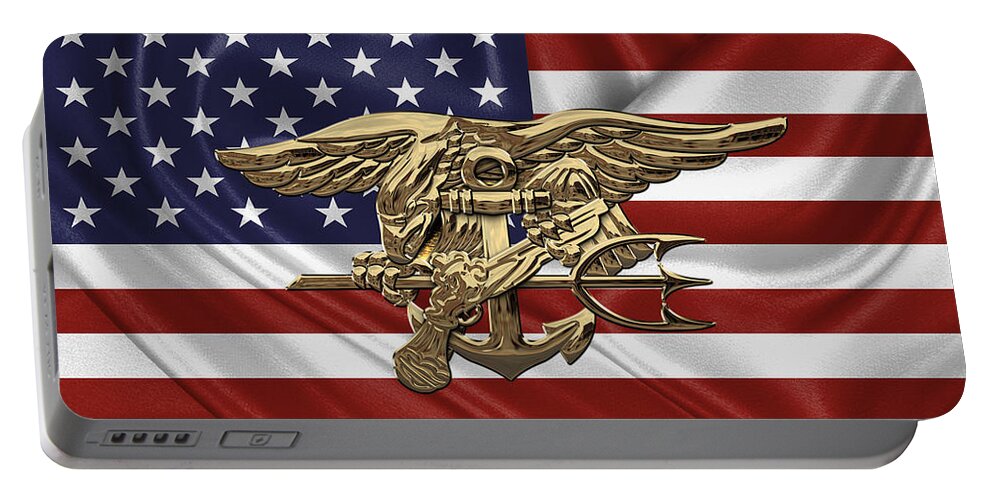 'military Insignia & Heraldry - Nswc' Collection By Serge Averbukh Portable Battery Charger featuring the digital art U.S. Navy SEALs Trident over U.S. Flag by Serge Averbukh