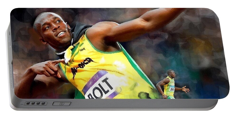 Usain Portable Battery Charger featuring the painting Usain Bolt by Carl Gouveia