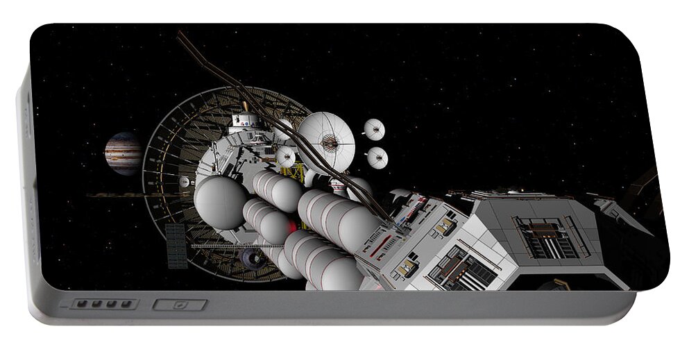 Spaceship Portable Battery Charger featuring the digital art USS Savannah nearing Jupiter by David Robinson