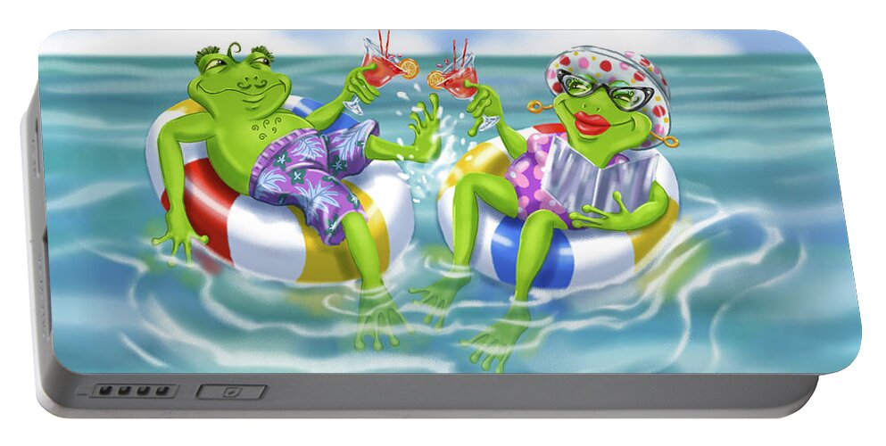 Frogs Portable Battery Charger featuring the mixed media Vacation Happy Frog Couple by Shari Warren