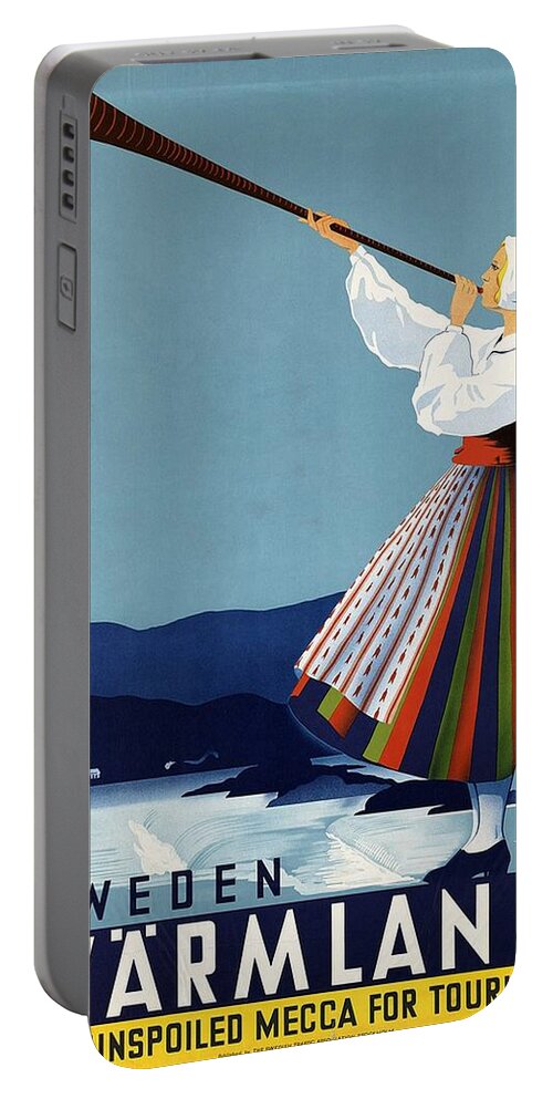 Varmland Portable Battery Charger featuring the mixed media Varmland, Sweden - Lady in Traditional Dress Blowing Horn - Retro travel Poster - Vintage Poster by Studio Grafiikka