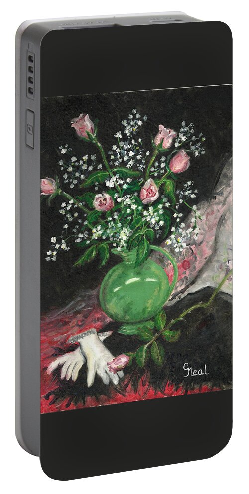 Vase And Gloves Portable Battery Charger featuring the painting Vase and Gloves by Carol Neal