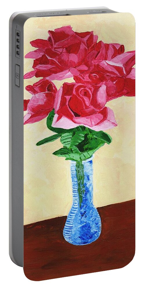 Red Roses Portable Battery Charger featuring the painting Vase of Red Roses by Rodney Campbell