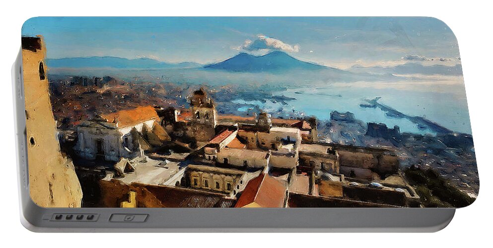 Gulf Of Naples Portable Battery Charger featuring the painting Vesuvio, panorama from Naples - 03 by AM FineArtPrints
