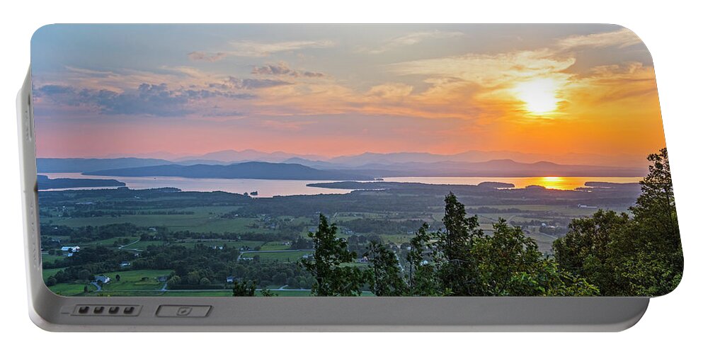 Adirondacks Portable Battery Charger featuring the photograph Vibrant sunset over Lake Champlain and the Adirondacks from Mount Philo Charlotte Vermont by Toby McGuire