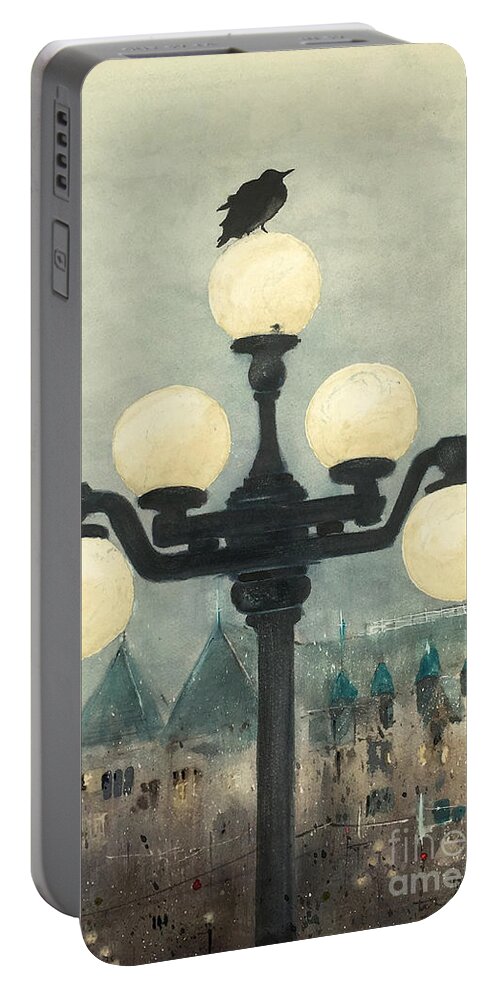 A Blackbird Sets Atop A Street Light In Victoria Portable Battery Charger featuring the painting Victoria Evening by Monte Toon