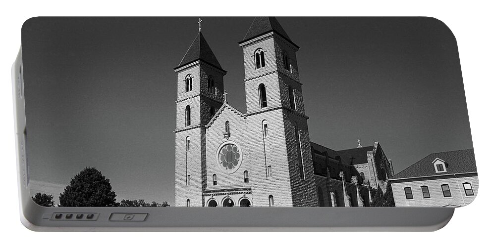America Portable Battery Charger featuring the photograph Victoria, Kansas - Cathedral of the Plains 6 BW by Frank Romeo