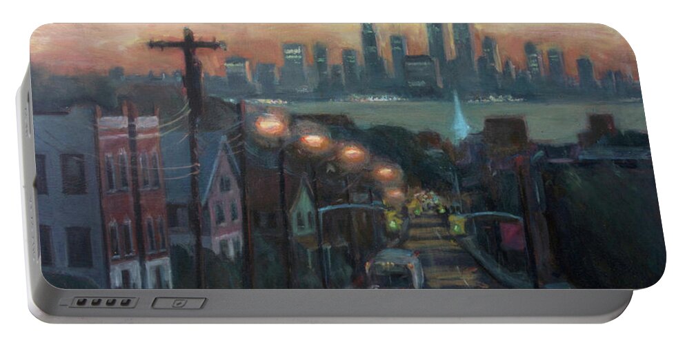 Manhattan Skyline Portable Battery Charger featuring the painting Victory Boulevard at Dawn by Sarah Yuster