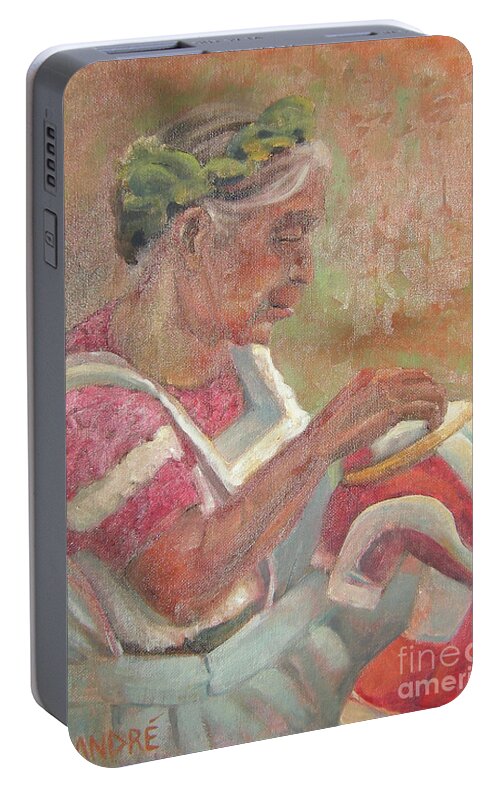 Mexican Portable Battery Charger featuring the painting Viejita Bordando by Lilibeth Andre