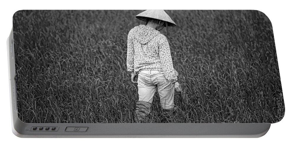 Blossoms Portable Battery Charger featuring the photograph Vietnamese Girl Rich Harvest BW by Chuck Kuhn