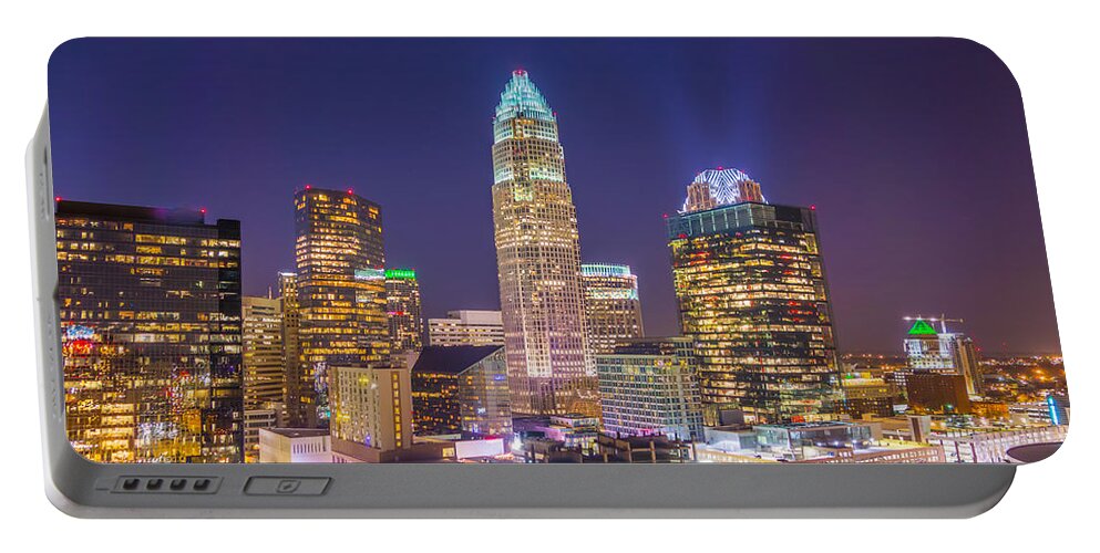 North Portable Battery Charger featuring the photograph View Of Charlotte Skyline Aerial At Sunset by Alex Grichenko
