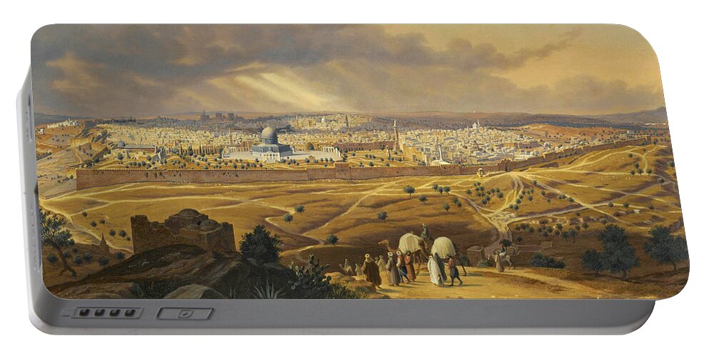 Hubert Sattler Portable Battery Charger featuring the painting View of Jerusalem from the Mount of Olives by Hubert Sattler