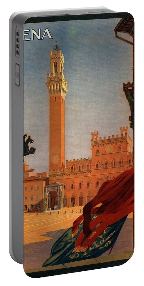Palazzo Publico Portable Battery Charger featuring the painting View of the Palazzo Publico in Siena, Tuscany - Italia - Vintage Illustrated Poster by Studio Grafiikka