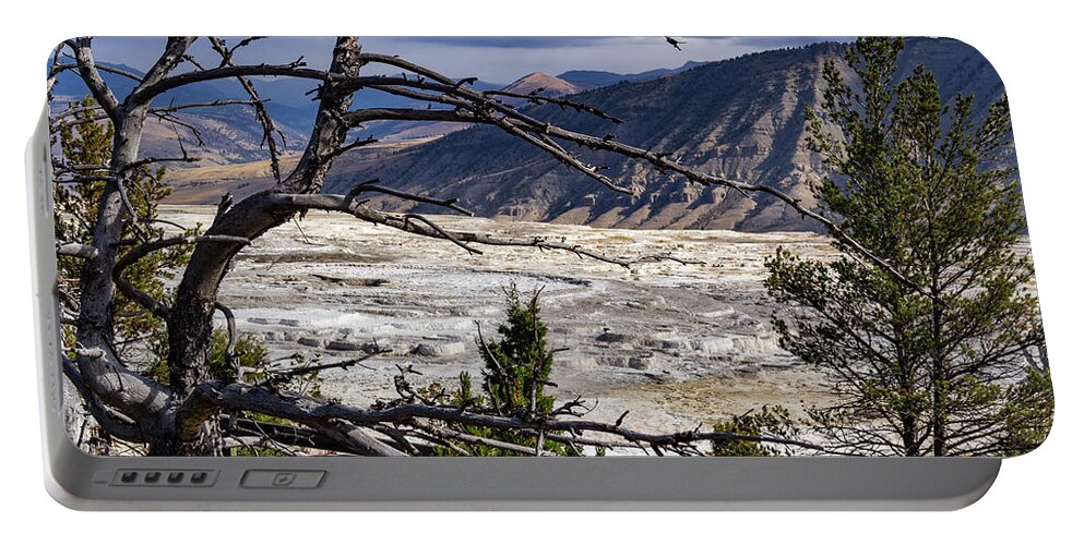 America Portable Battery Charger featuring the photograph View of the travertine and mountains from the pathway at Mammoth Hot Springs by Roslyn Wilkins