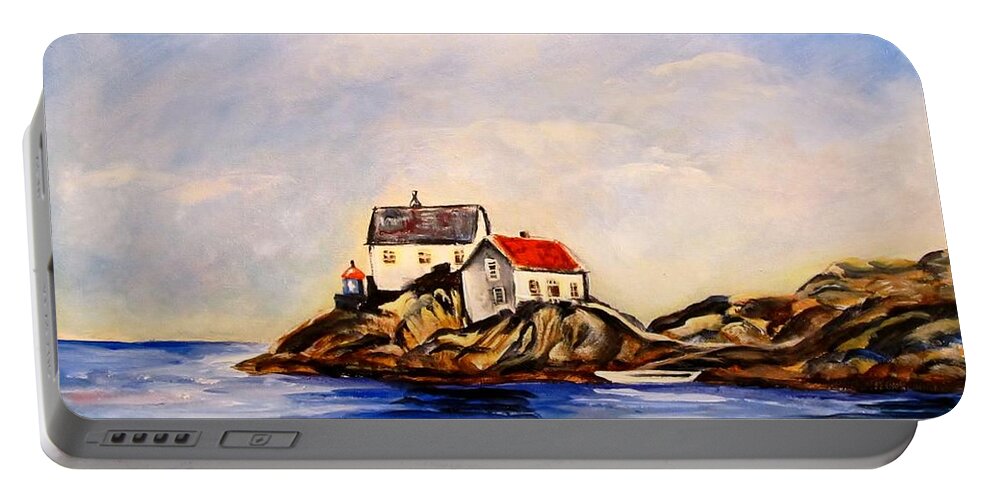 Lighthouse Portable Battery Charger featuring the painting Vikeholmen Lighthouse by Carol Allen Anfinsen