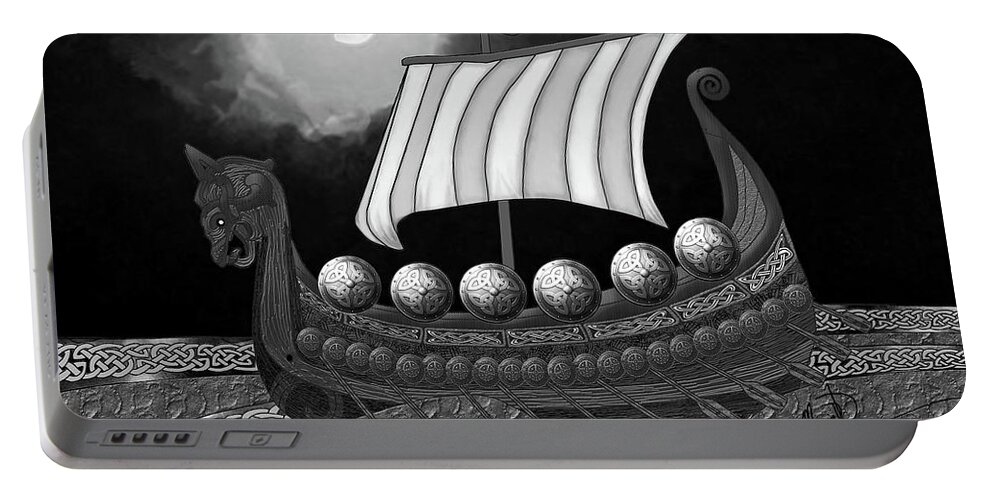 Ancient Ship Portable Battery Charger featuring the digital art Viking Ship_BW by Megan Dirsa-DuBois